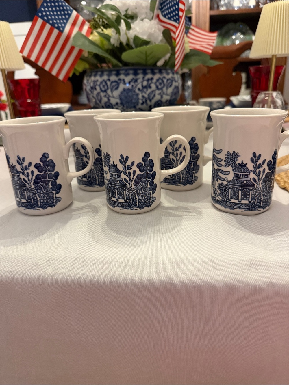 Churchill Blue Willow Mugs with Oriental Scenic Pattern - Set of 5